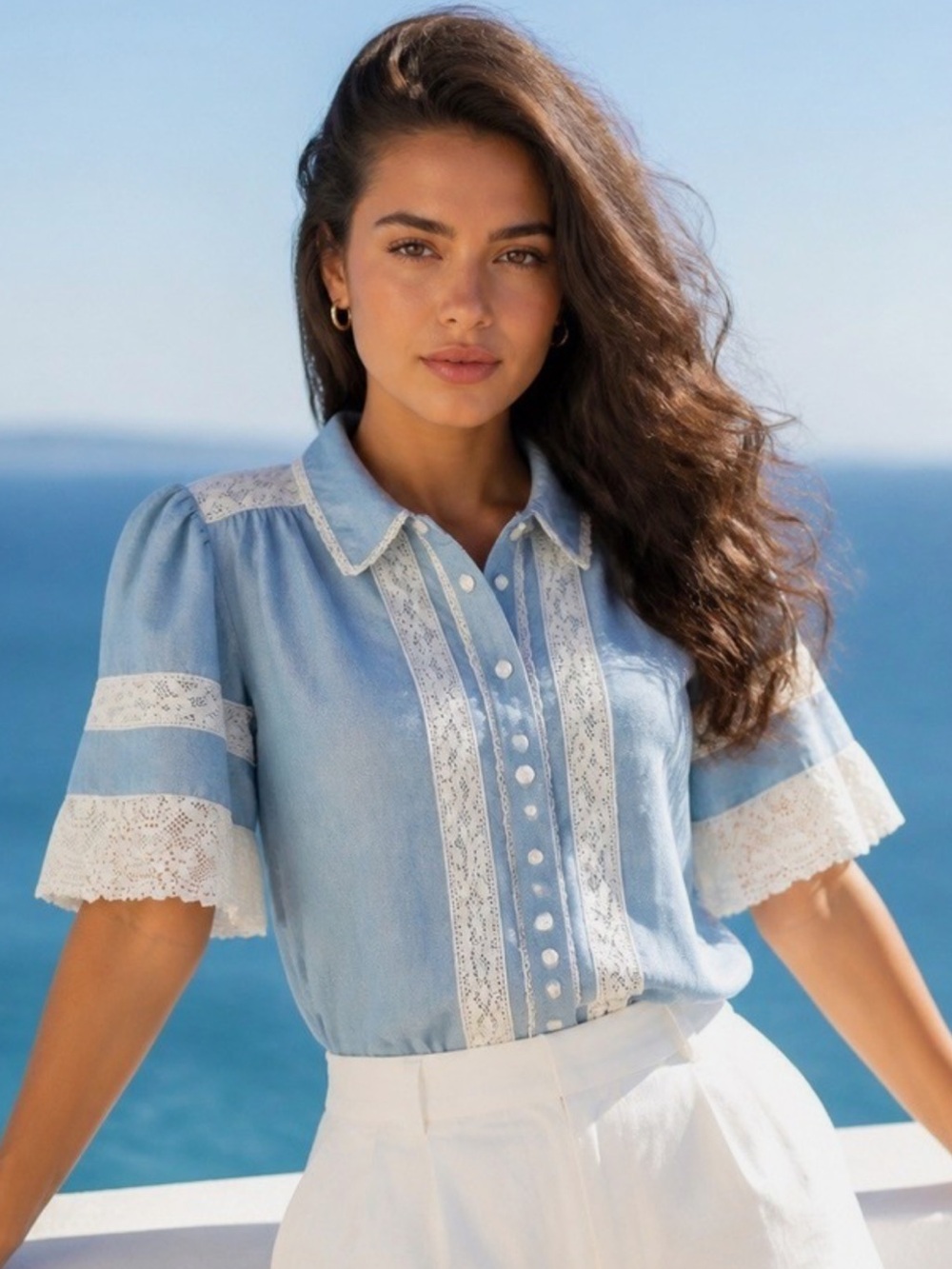 Caroline Constas Blue Lace Eyelet Embroidered Blouse Shirt Short sleeves Size S